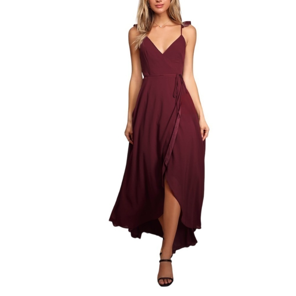 LULU’S Here's to Us Burgundy High-Low Wrap Dress